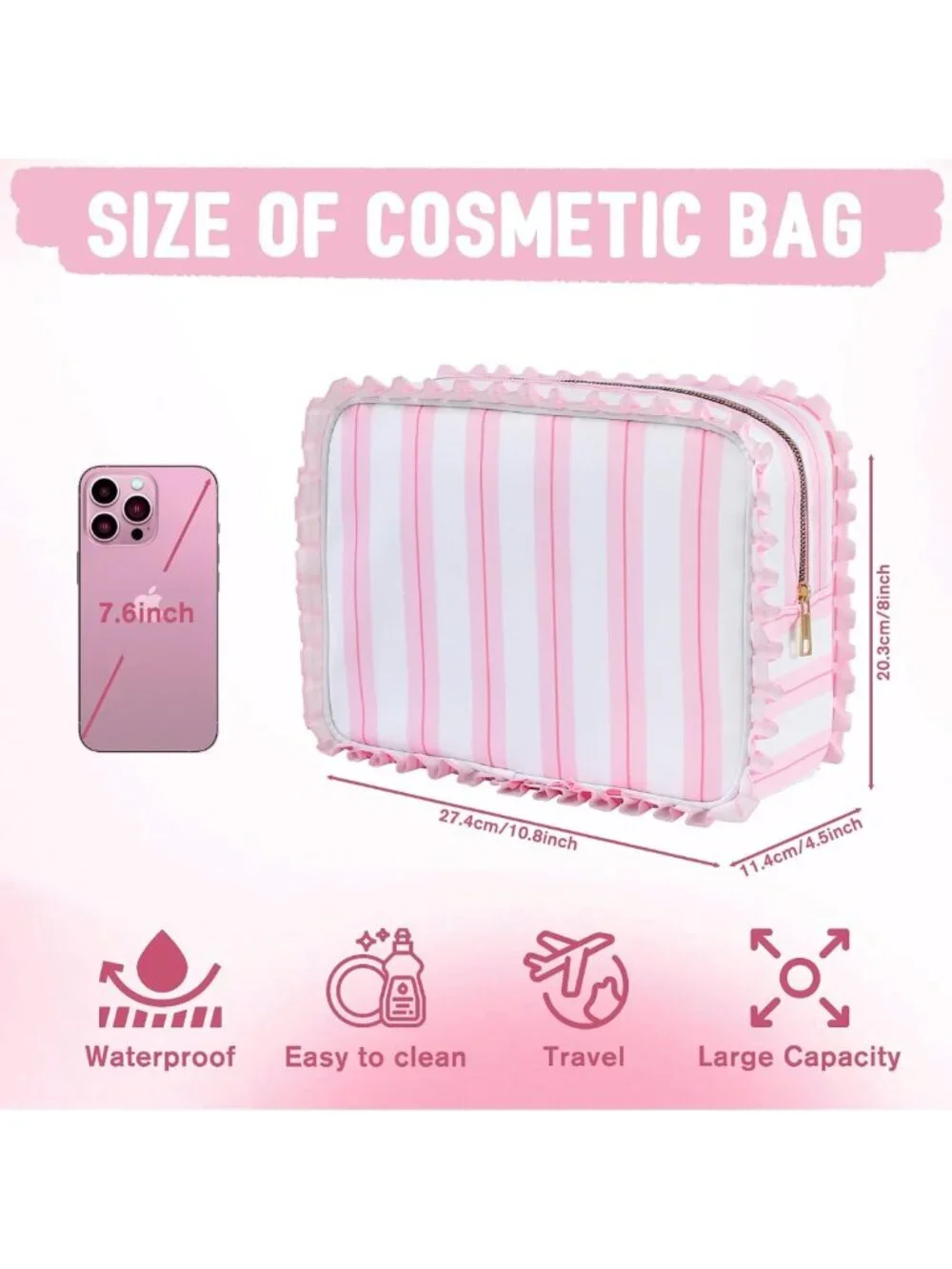 Chic Pink Stripe Ruffled Makeup Bag | Stylish Cosmetic Organizer & Travel Case